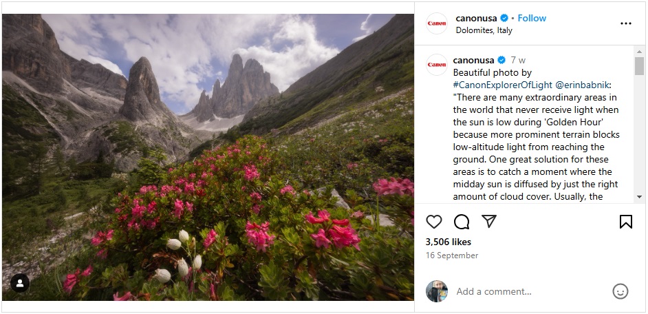 An Instagram post by Canon, using a photo from Erin Babnik using a Canon camera.