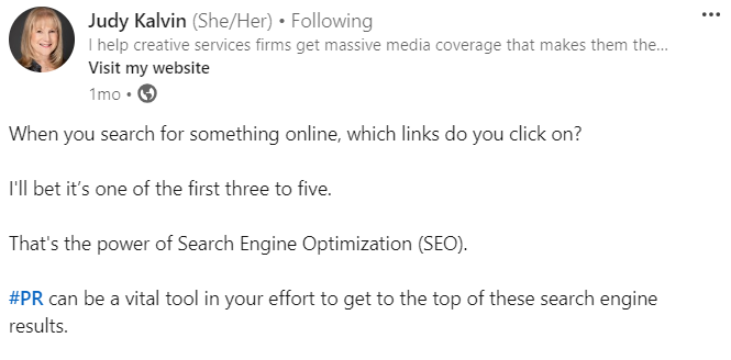 LinkedIn post about the importance of PR for SEO