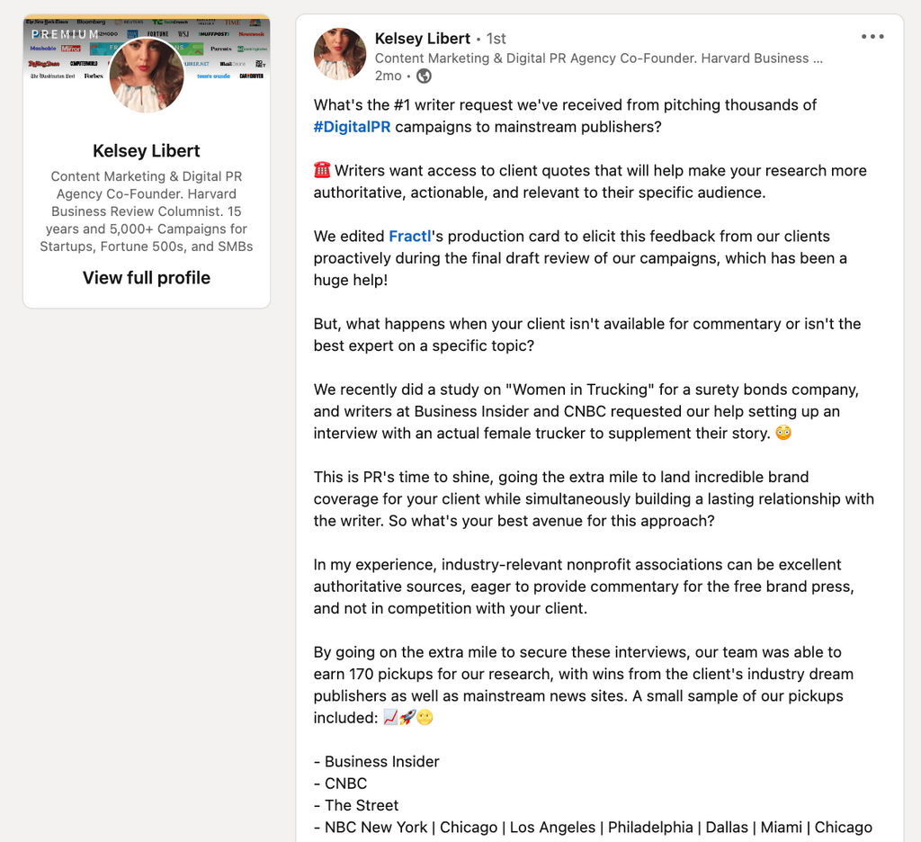 A screenshot of Kelsey Libert's LinkedIn post on journalists requesting commentary