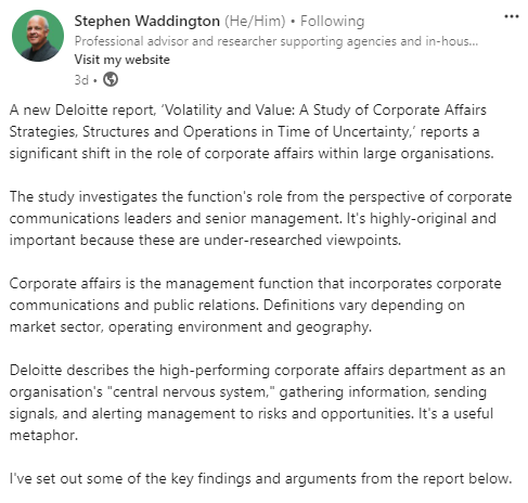 LinkedIn post from Stephen Waddington