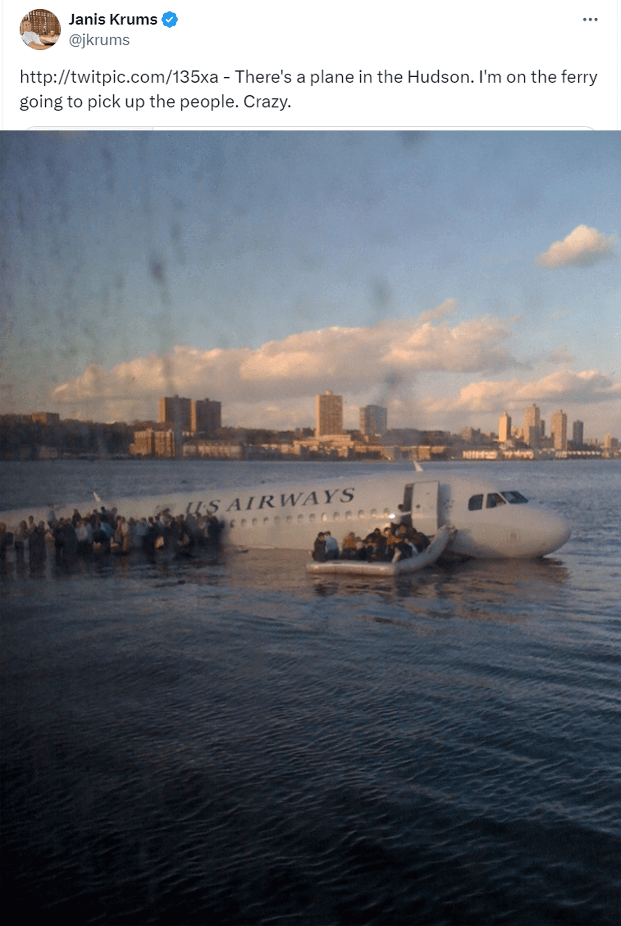 US Airways Flight 1549 Hudson River landing Twitter Janis Krumis