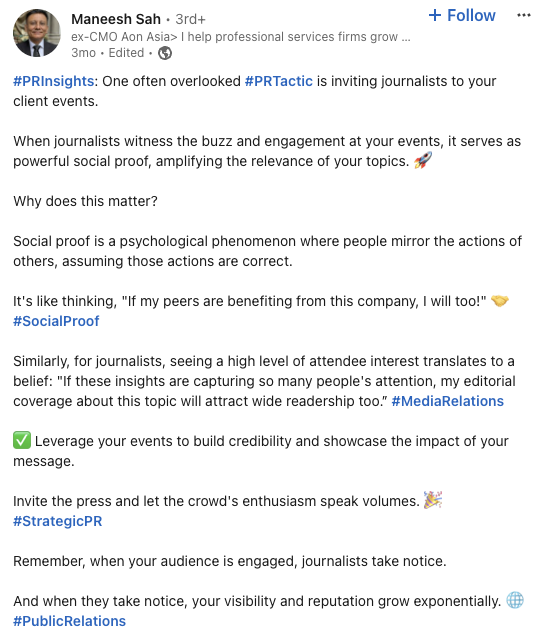 LinkedIn post on the value of inviting journalists to your events